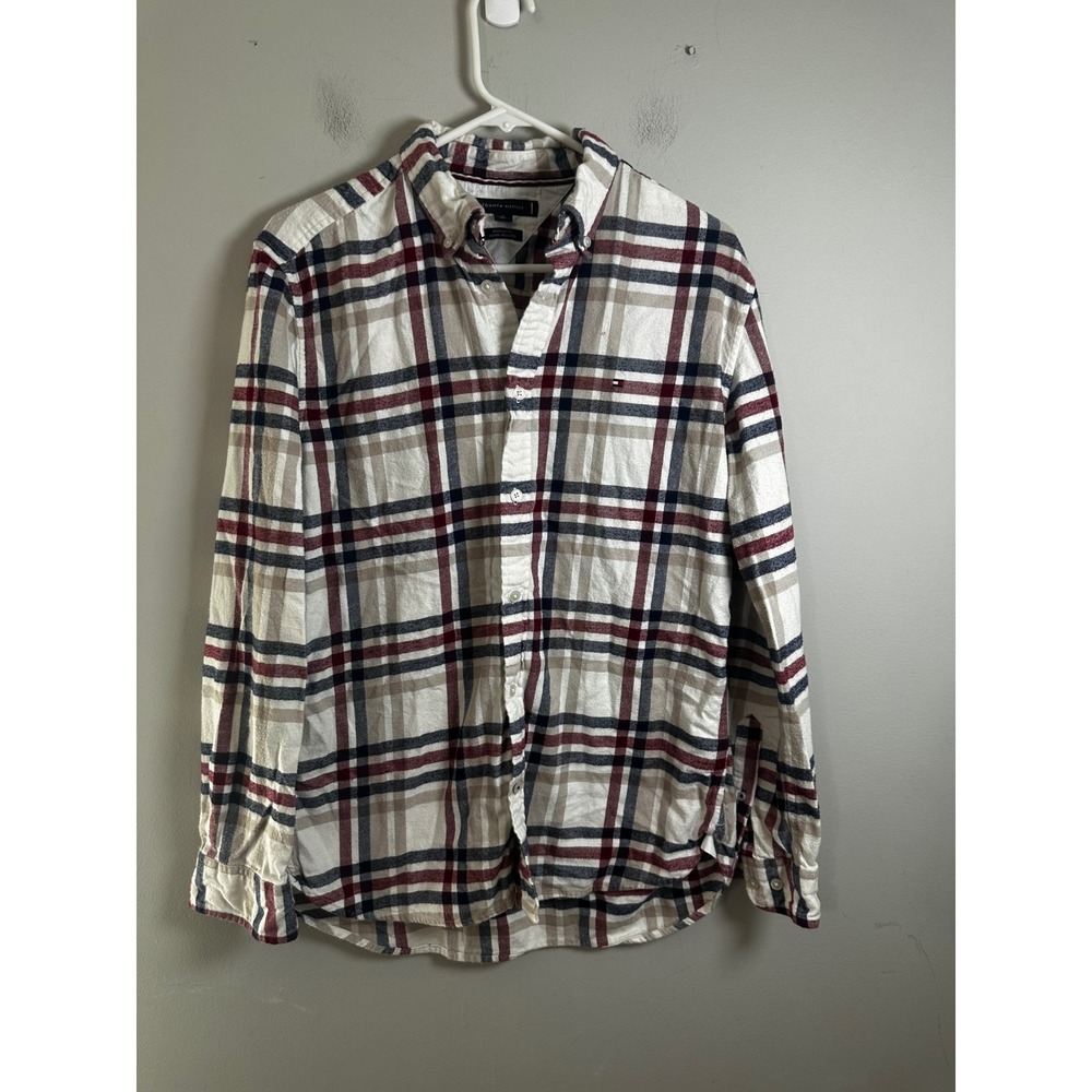 Tommy Hilfiger Mens‎ Regular Fit Plaid Button Down Shirt White Blue Red Medium